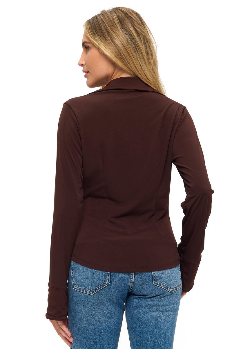 Fitted collared twist front top in rich brown, featuring long sleeves and a stylish back detail, perfect for Long Island boutique fashion.