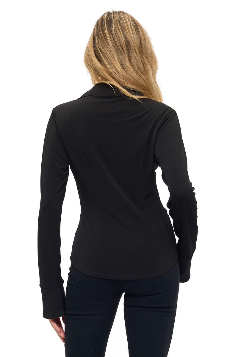 Chic black collared twist front top with long sleeves and a tailored fit, perfect for any occasion in Long Island boutique fashion.