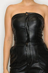 Strapless faux leather jumpsuit in sleek black with button details and a tailored fit, perfect for Long Island boutique fashion.