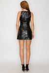 Fitted sleeveless mini dress in sleek faux leather, featuring a stylish back zip and perfect for a night out in Long Island boutique fashion.