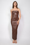 Striking brown cutout faux leather tube maxi dress with a sleek fit, perfect for a night out in Long Island boutique fashion.