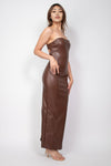 Fitted brown faux leather maxi dress featuring a strapless cutout design, perfect for showcasing modern Long Island boutique fashion.