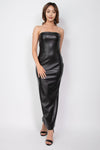 Sleek black faux leather tube maxi dress with a structured fit and a stylish cutout, perfect for Long Island boutique fashion lovers.