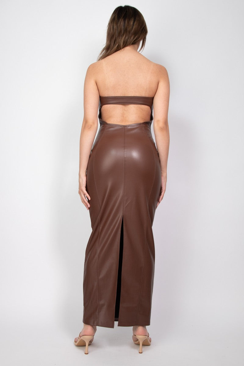 Faux leather brown tube maxi dress with a cutout back and thigh-high slit, perfect for a chic Long Island boutique fashion statement.