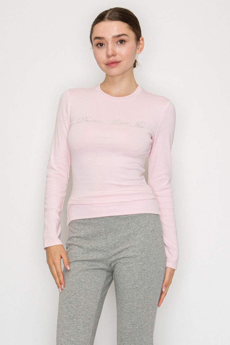 Rhinestone Text Long Sleeve Top