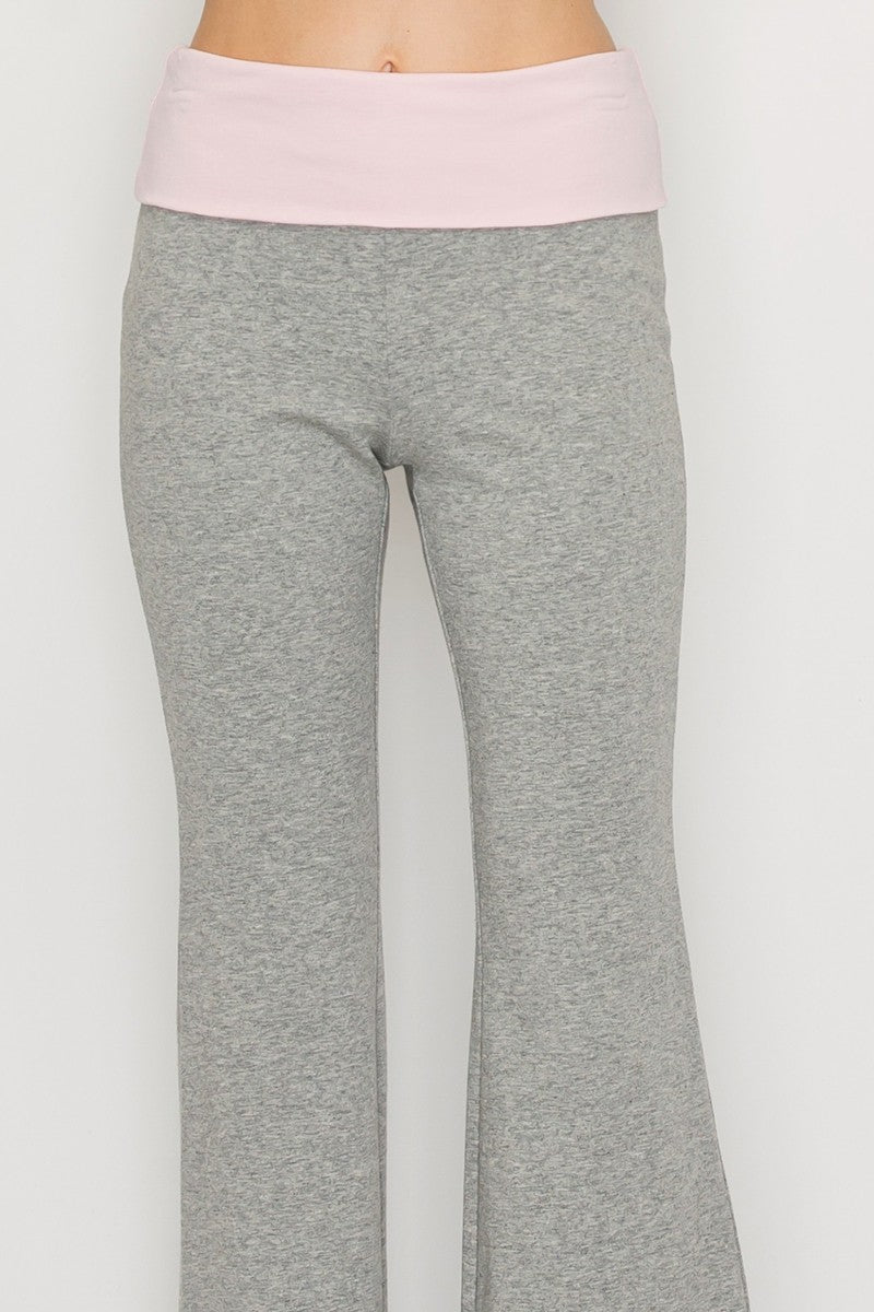 Heathered gray fit and flare pants featuring a soft pink waistband, perfect for casual wear at a Long Island women's boutique.