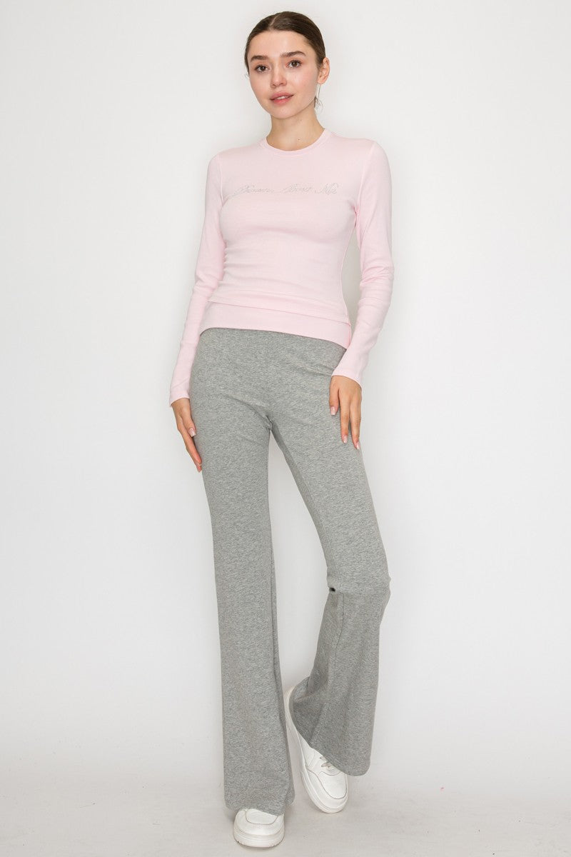 Heathered gray fit and flare pants with a comfortable waistband, perfect for stylish comfort in Long Island boutique fashion.