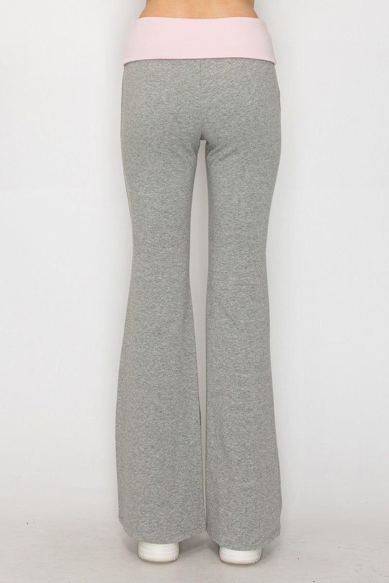 Heathered gray fit and flare pants with a pink waistband, perfect for casual or active wear in Long Island boutique fashion.