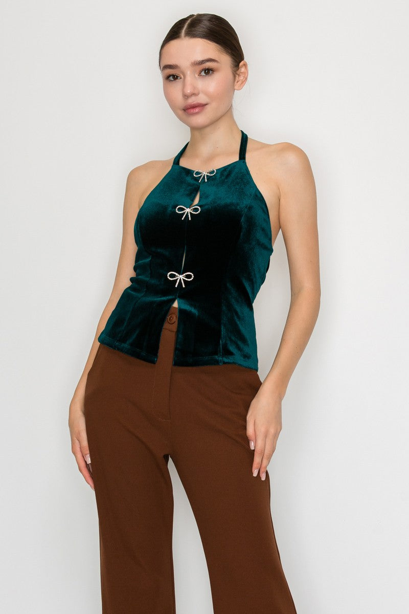 Bow Detailed Velvet Halter Top