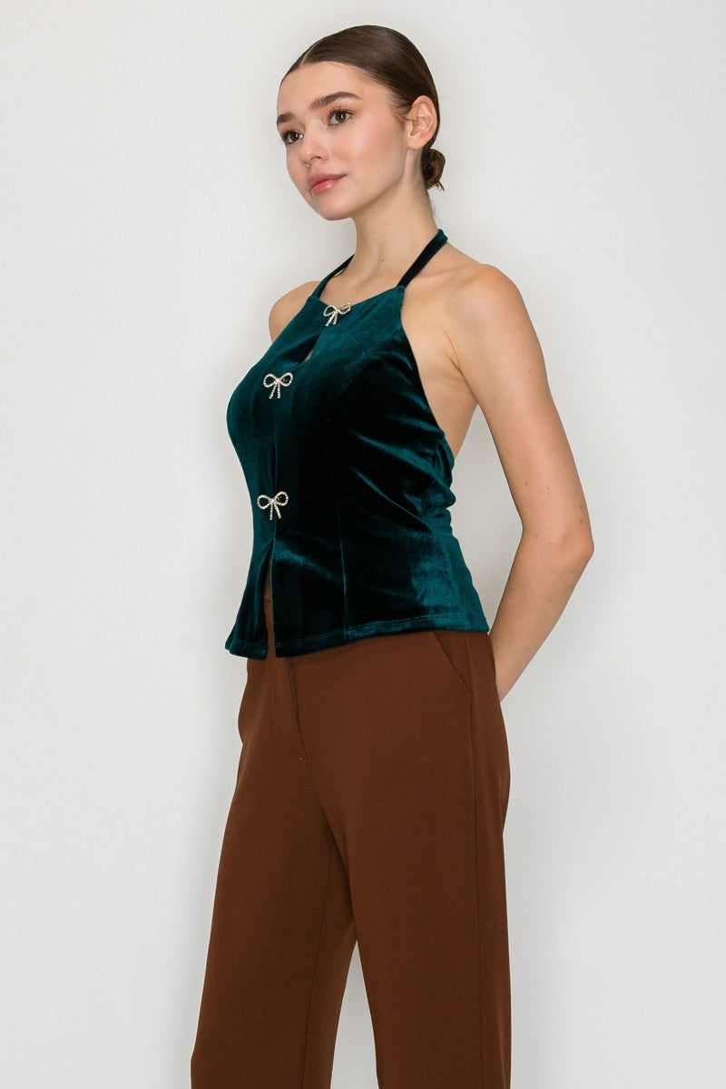 Bow Detailed Velvet Halter Top