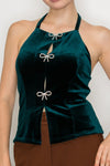 Bow Detailed Velvet Halter Top