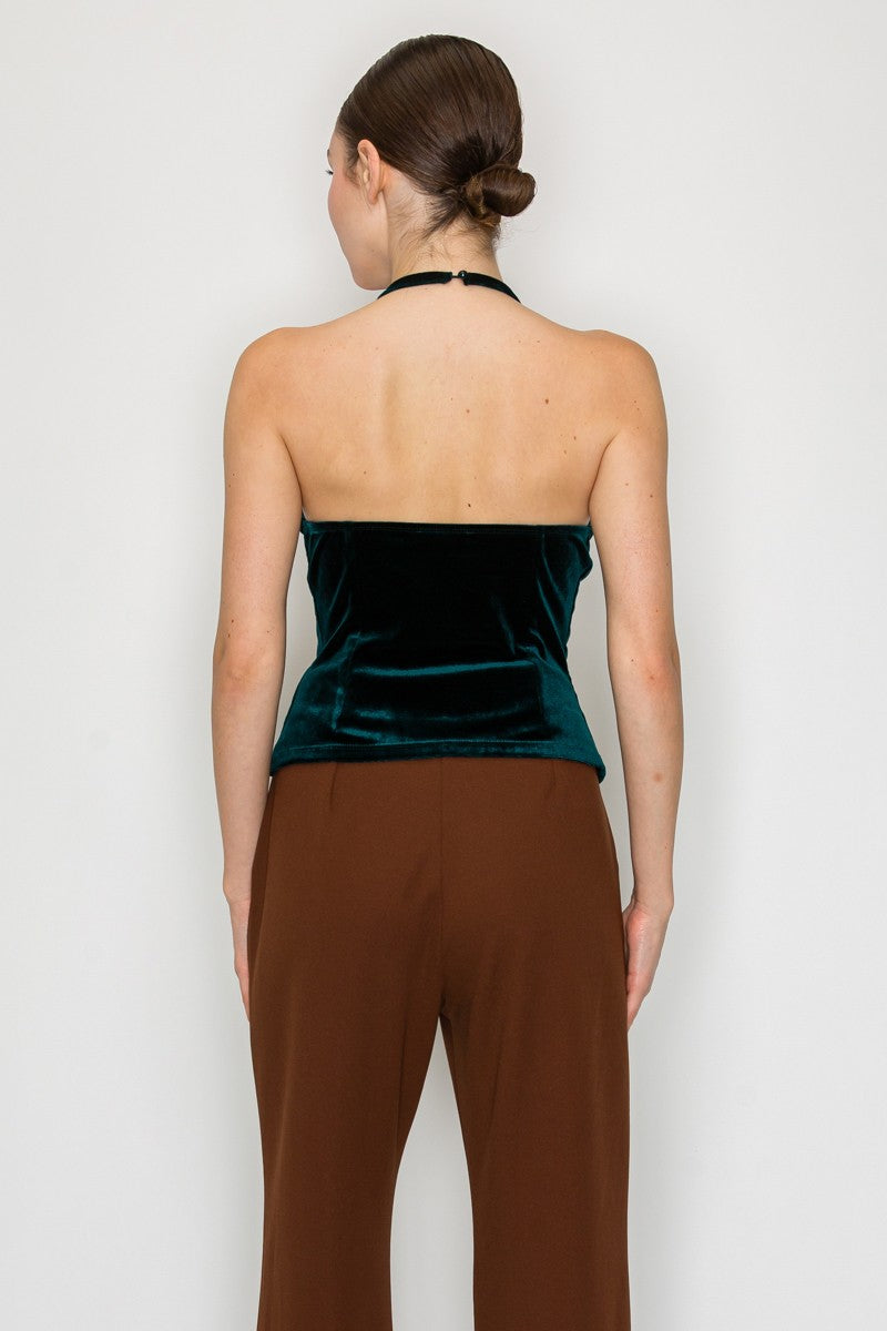 Bow Detailed Velvet Halter Top