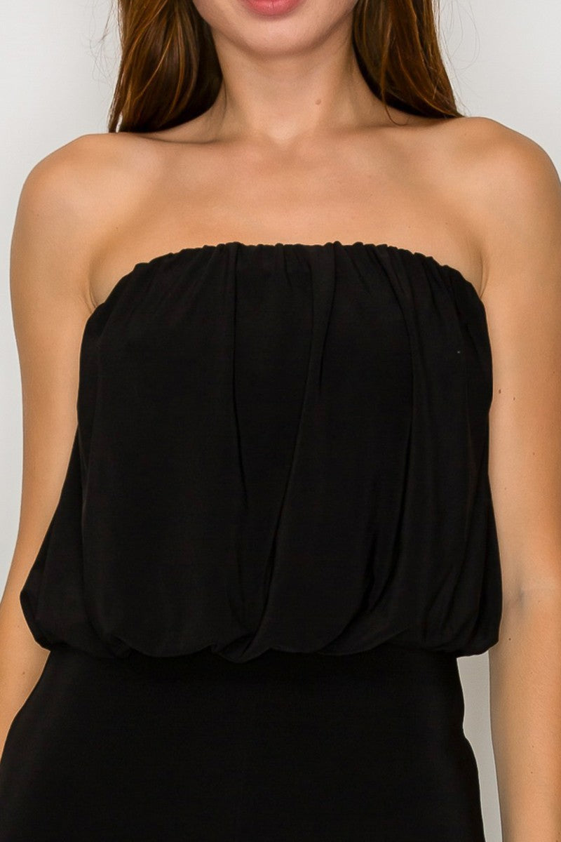 Striking black balloon bandeau wide leg jumpsuit with a comfortable fit, perfect for stylish occasions in Long Island boutique fashion.