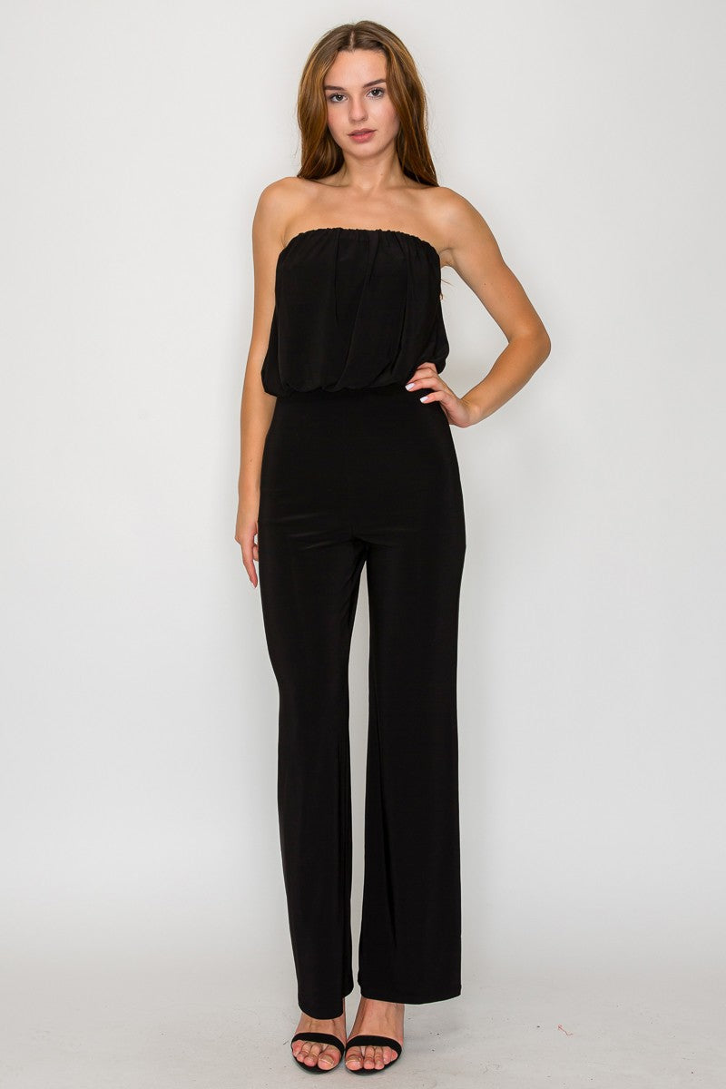 Sleek black Balloon Bandeau Wide Leg Jumpsuit with a flowy bodice, perfect for a stylish evening out in Long Island boutique fashion.