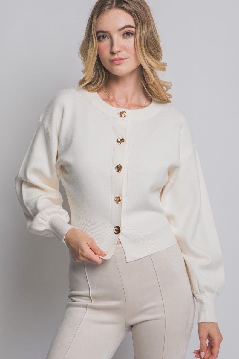 Round Neck Puff Sleeve Cardigan
