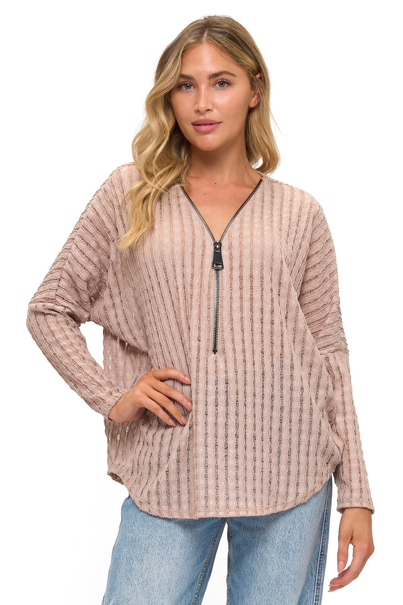 Soft pink dolman sleeve top with a stylish zipper, featuring a textured lace design, perfect for Long Island boutique fashion.