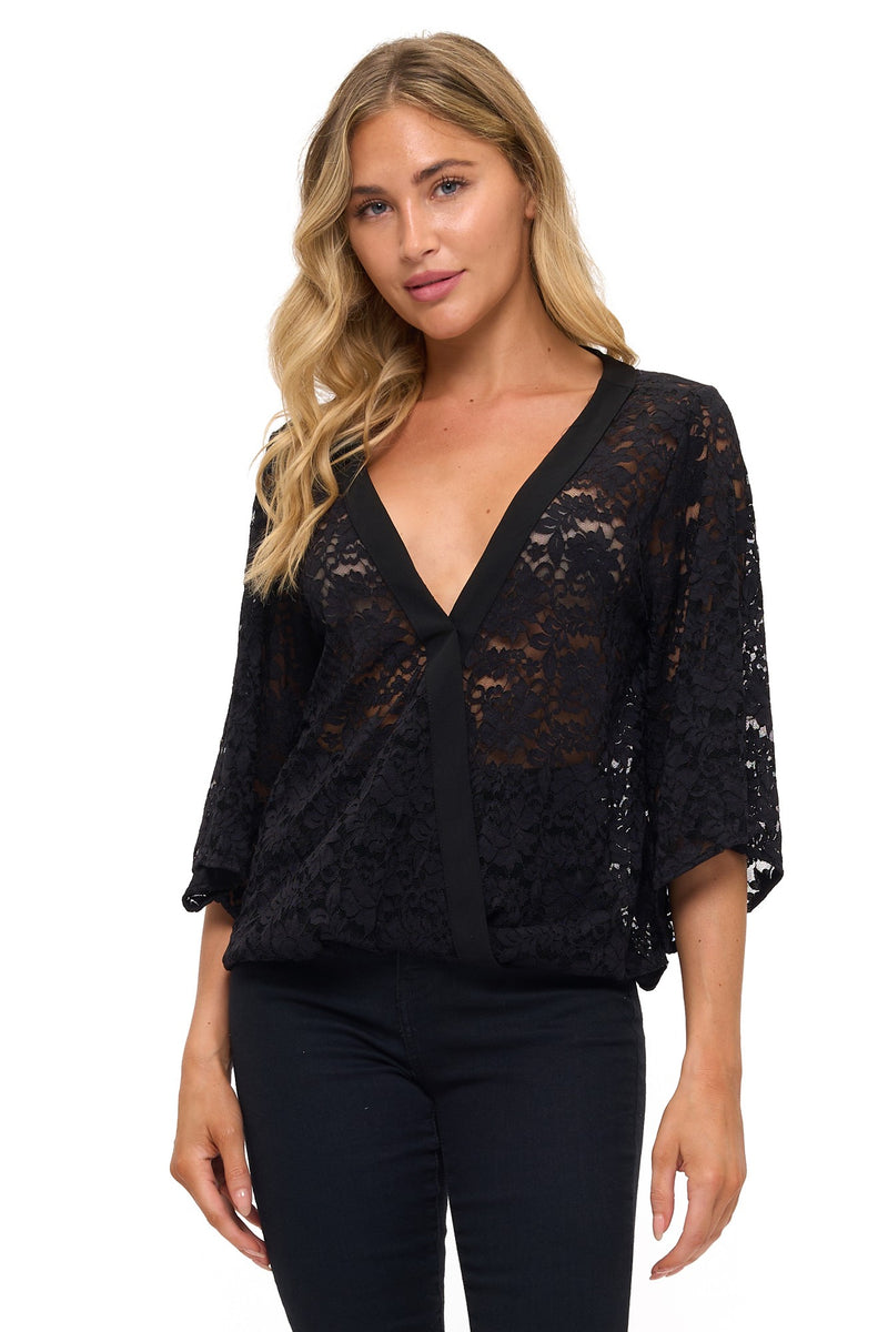 Surplice Lace Bell Sleeve Top