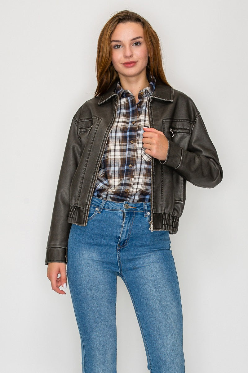 Front Zipper Faux Leather Jacket