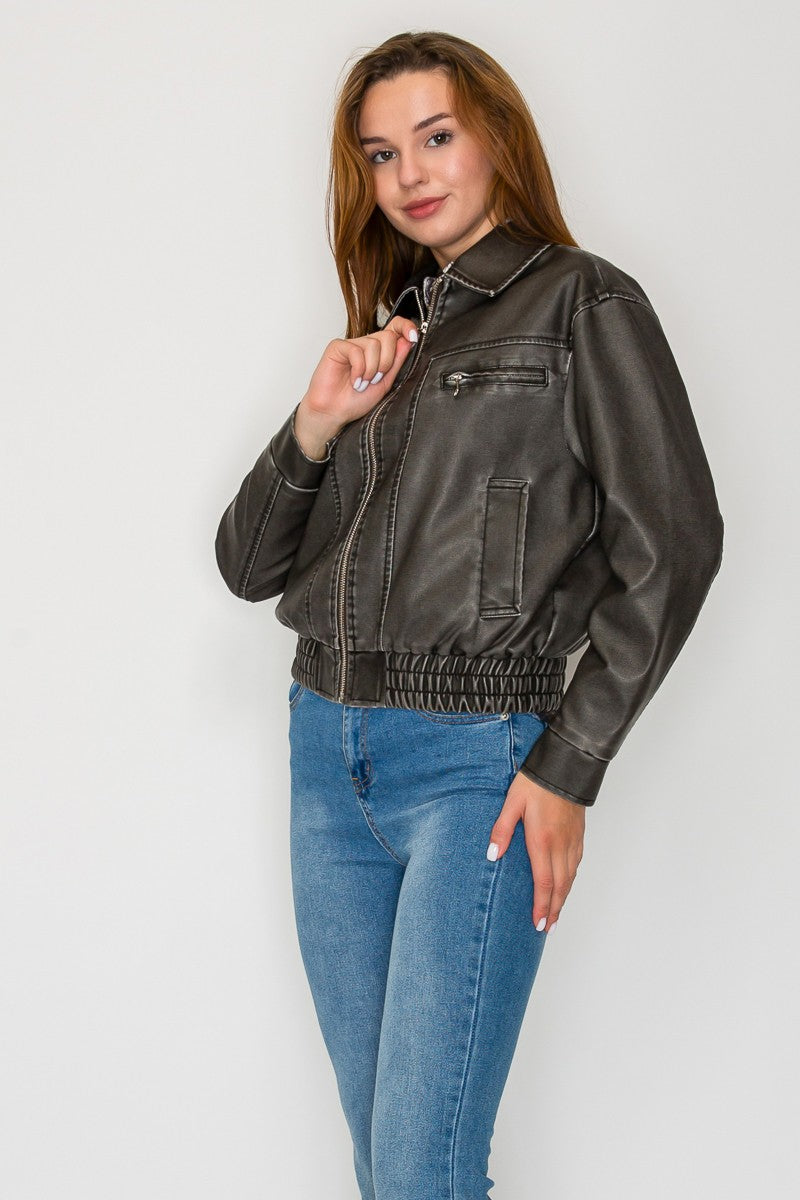 Front Zipper Faux Leather Jacket