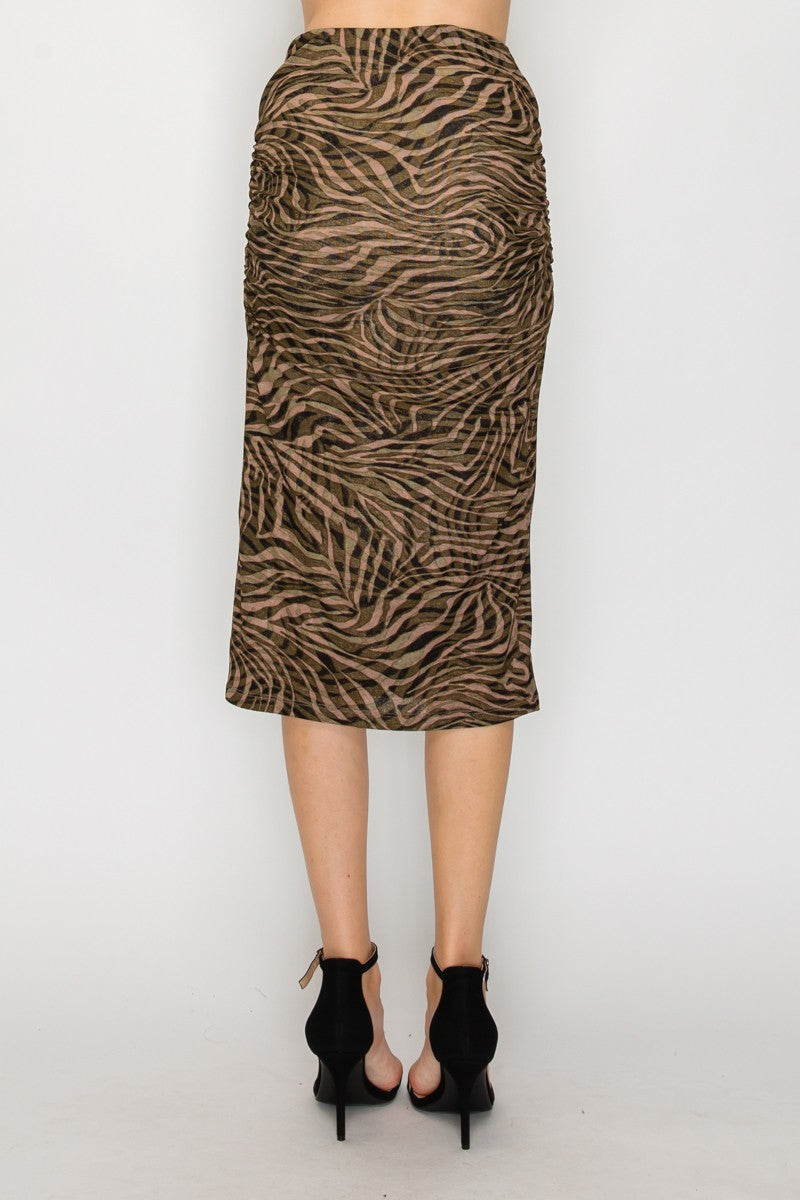 Zebra High Rise Ruched Midi Skirt
