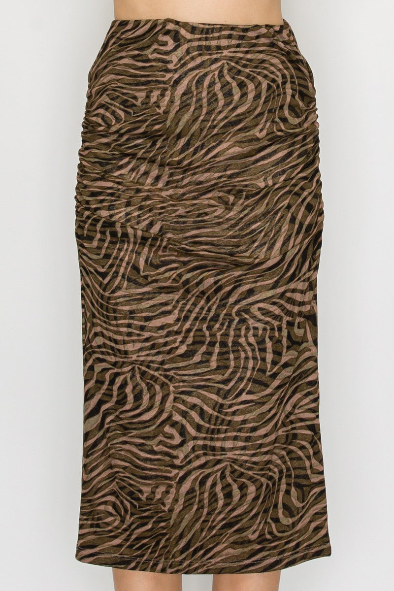 Zebra High Rise Ruched Midi Skirt