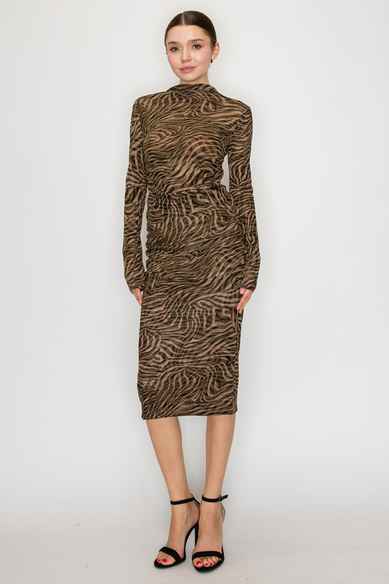 Zebra High Rise Ruched Midi Skirt