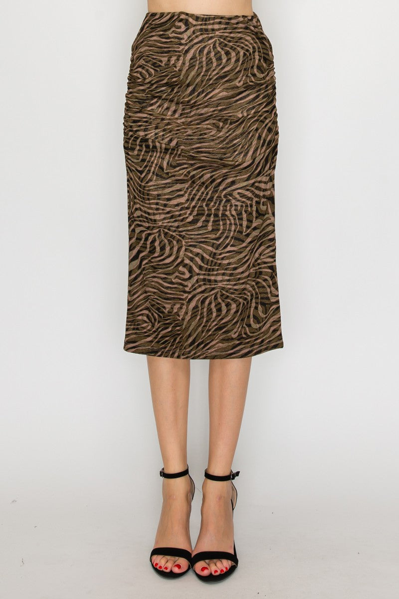 Zebra High Rise Ruched Midi Skirt