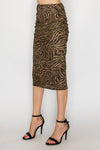 Zebra High Rise Ruched Midi Skirt