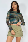 Sabrina Neck Graphic Mesh Top