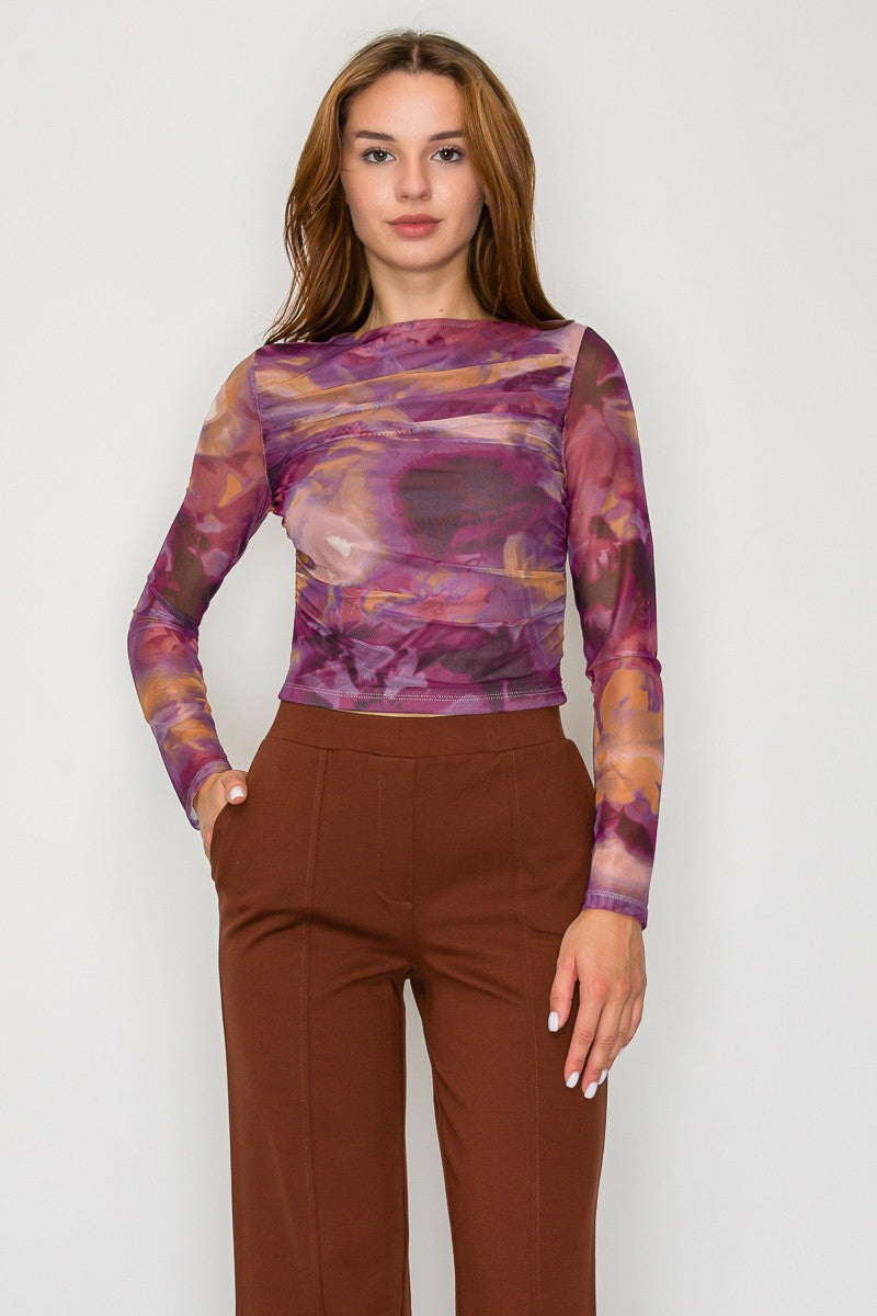Sabrina Neck Graphic Mesh Top