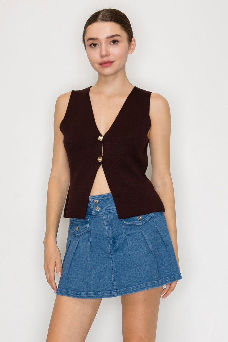 Gold Button Hem Slit Sweater Vest