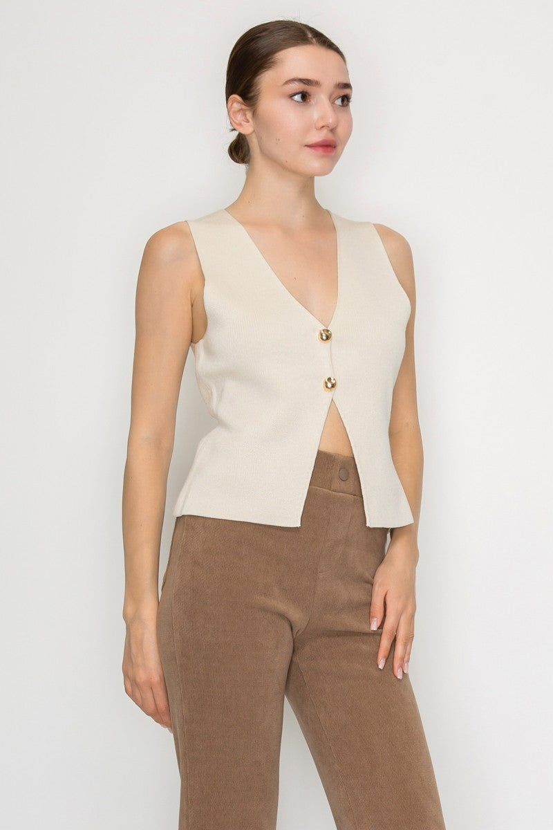 Gold Button Hem Slit Sweater Vest