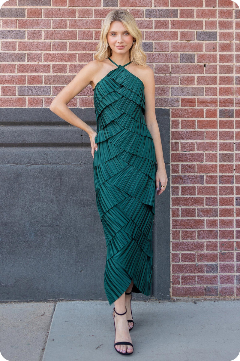 Pleated Satin Tiered Midi Dress Forest Green / Medium Pleated Satin Tiered Midi Dress Forest Green / Medium
