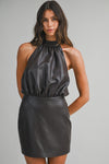 Faux Leather Halter Mini Dress with Open Back