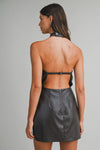 Faux Leather Halter Mini Dress with Open Back