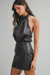 Faux Leather Halter Mini Dress with Open Back