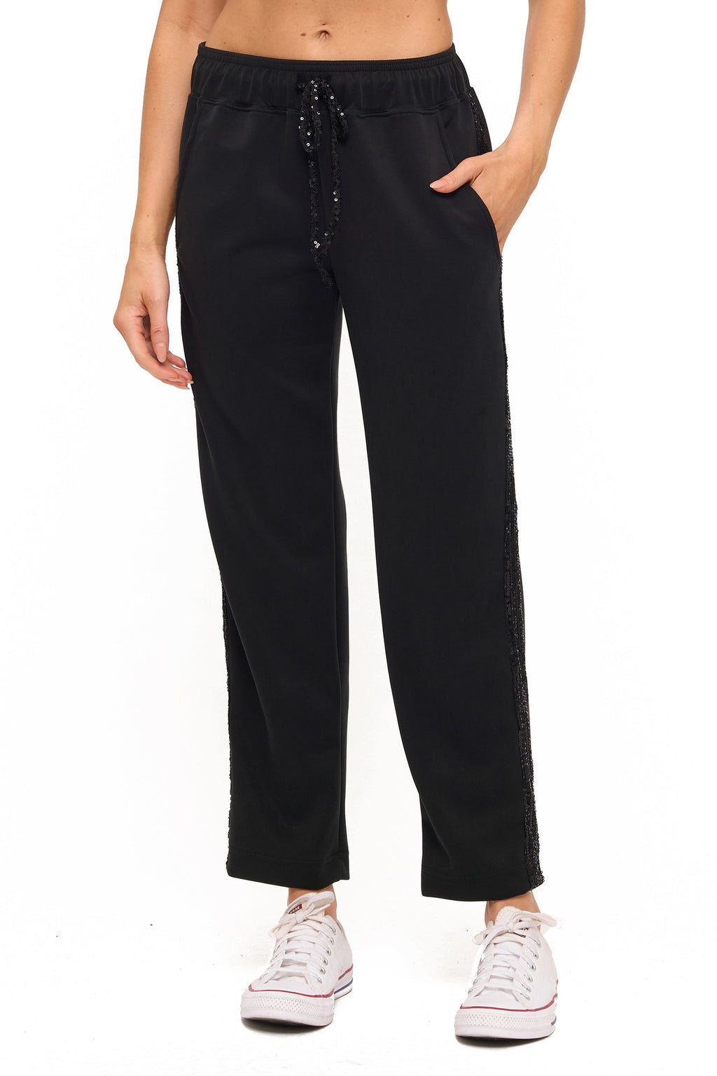 “Black straight leg scuba pants with sequin side detail”

