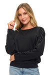 “Black scuba crew neck top with sequin sleeve detail”
