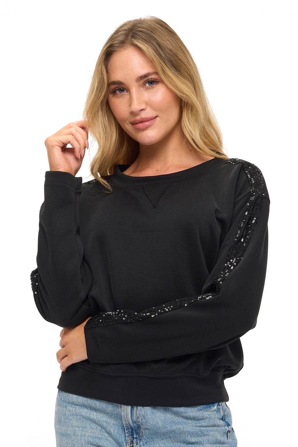 “Black scuba crew neck top with sequin sleeve detail”
