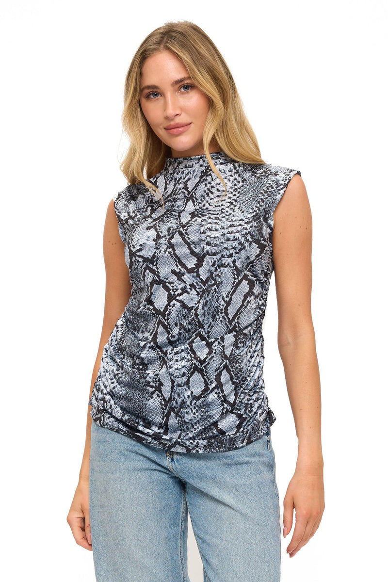Snake Skin Printed Ruched High Neck Top
