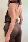 Elegant faux suede halter high neck top in rich brown, featuring an open back for a chic look, ideal for Long Island boutique fashion.