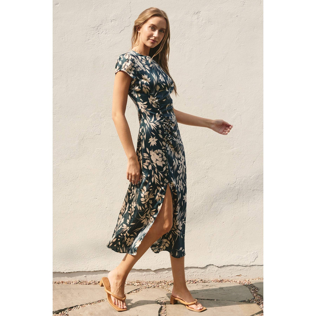 Floral Side Button Ruched Midi Dress