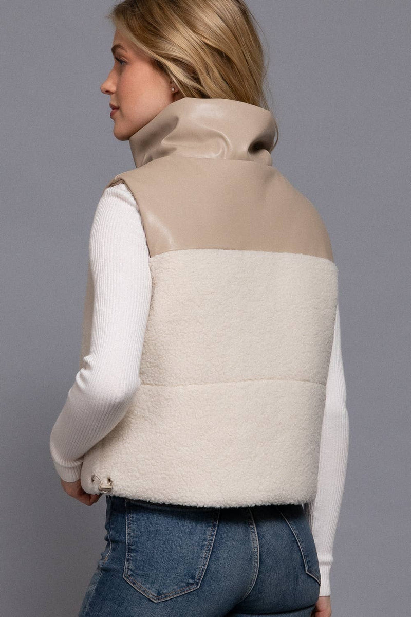 Reversible Faux Leather-Sherpa Contrast Padding Crop Vest