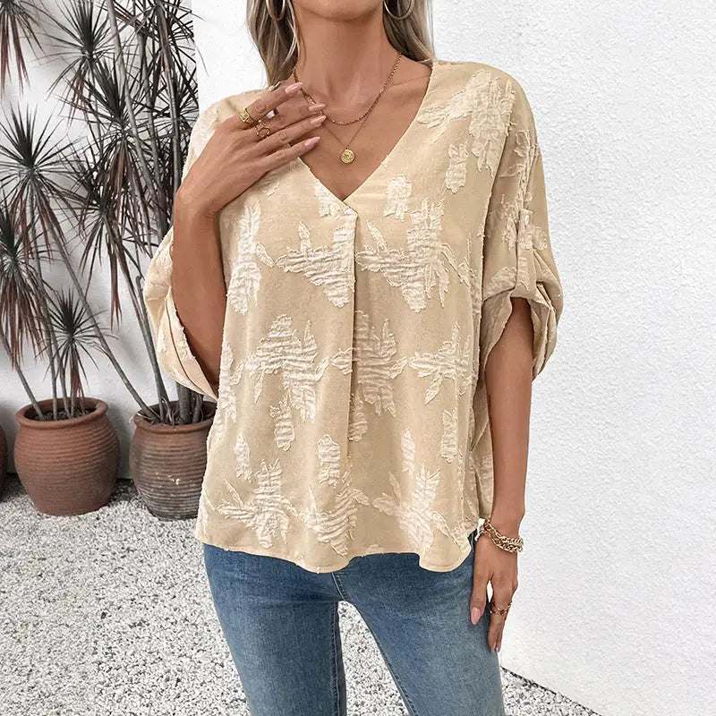 Lace Jacquard Bat Sleeve Pullover Shirt