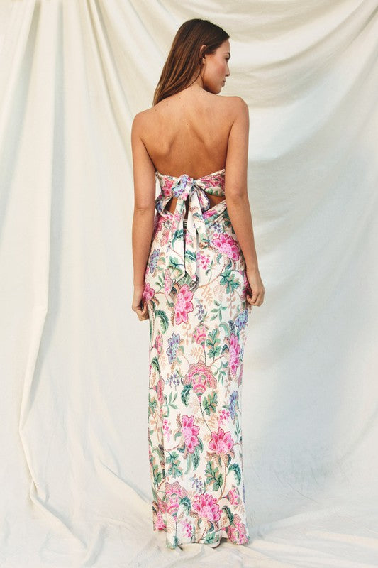 Paisley Floral Strapless Draped Back Maxi Dress