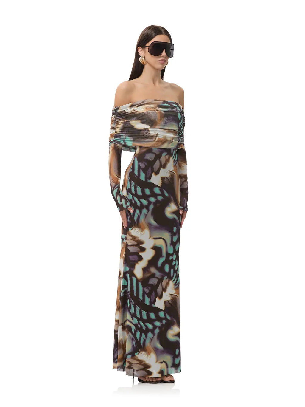 Off-the-shoulder maxi dress featuring a colorful feather swirl print, perfect for a stylish evening out from a Long Island women's boutique.