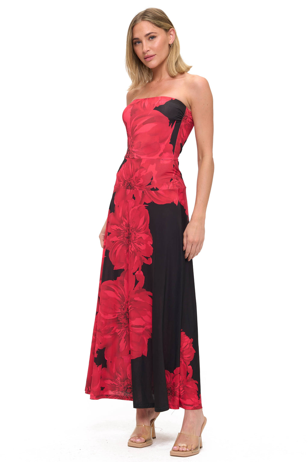 knee length dresses for ladies Strapless Metallic Floral Long Dress