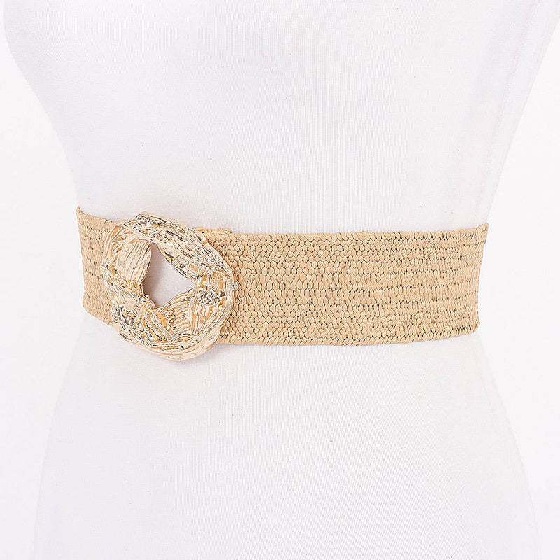 Metal Buckle Elastic Faux Straw Belt