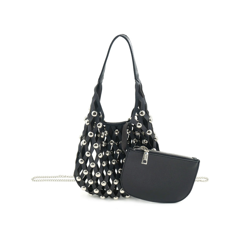 Mini studded bag in black with textured design, silver embellishments, and a detachable zippered pouch, perfect for Long Island boutique fashion.