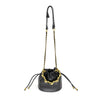 Small black leather bag with a gold detailed chain and drawstring closure, perfect for Long Island boutique fashion.
